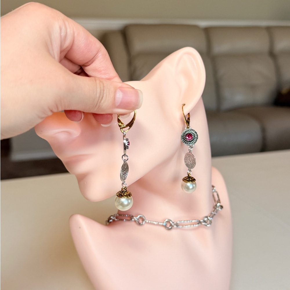 Pearl Drop Dangle Earrings with Pink Crystal Accent - Picture 8 of 9